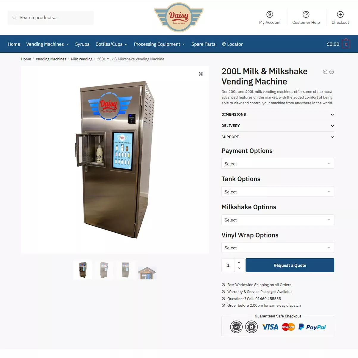 Daisy Vending Product Page Screenshot showing 200L Milkshake Vending Machine