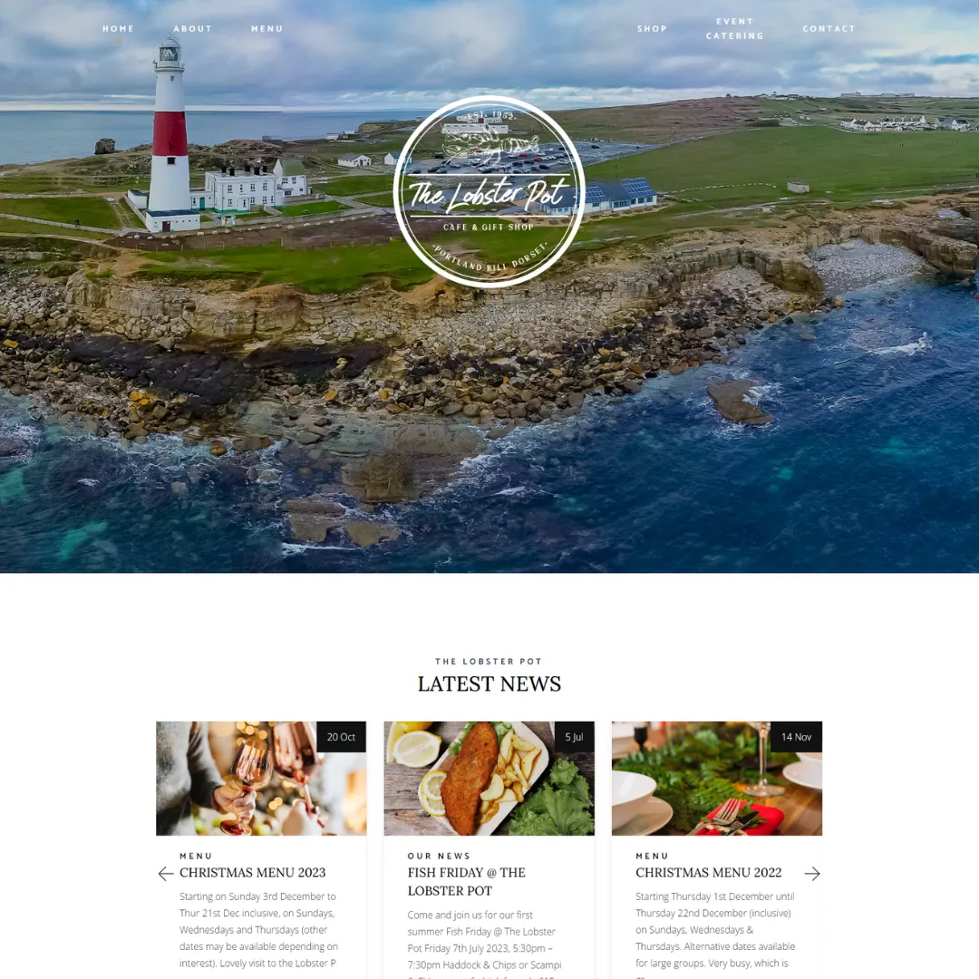 A website design with a lighthouse in the background.