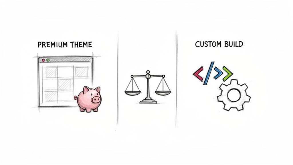 An illustration comparing premium website themes (piggy bank) and custom website builds (code, gear) with a balance scale.