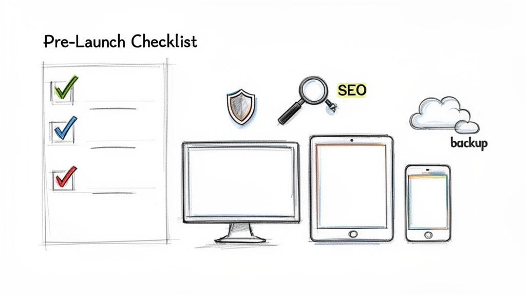 Pre-launch checklist for digital projects showing security, SEO, responsive design, and cloud backup.