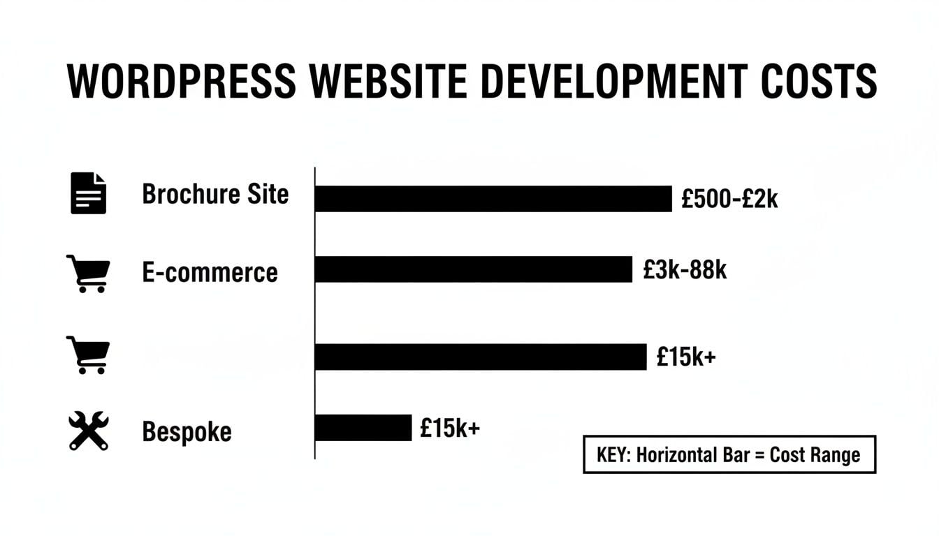 Bar chart illustrating WordPress website development costs for brochure, e-commerce, and bespoke sites.