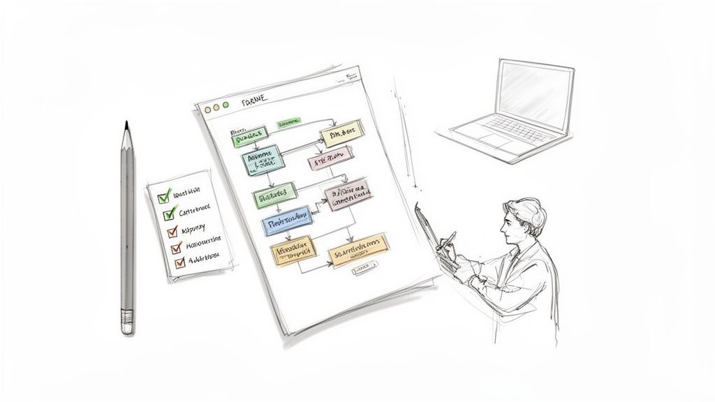 Illustration of business process design showing a flowchart, checklist, laptop, and a person working.