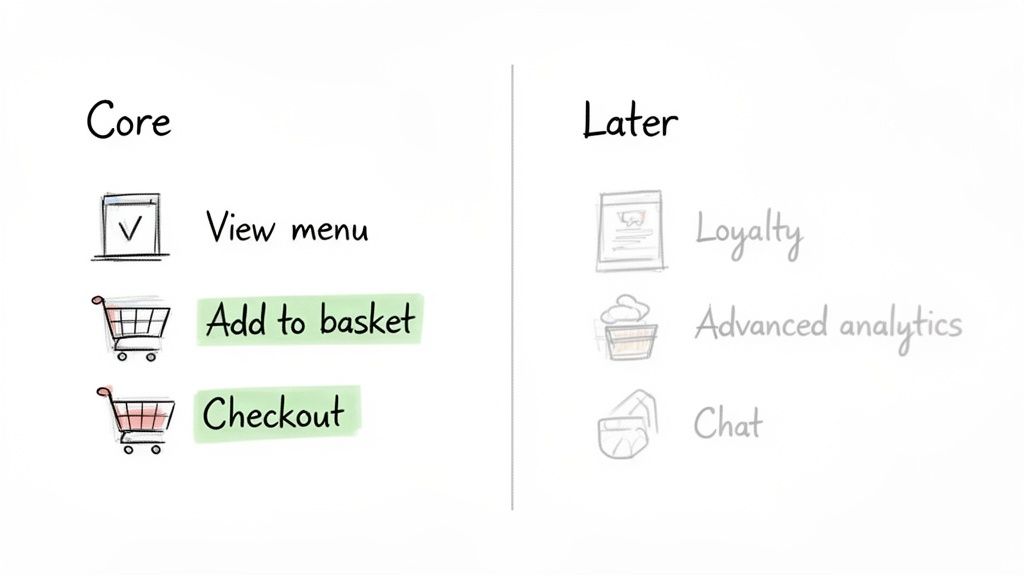 Sketch of app features, categorizing core (view menu, add to basket, checkout) and later (loyalty, analytics, chat) development.