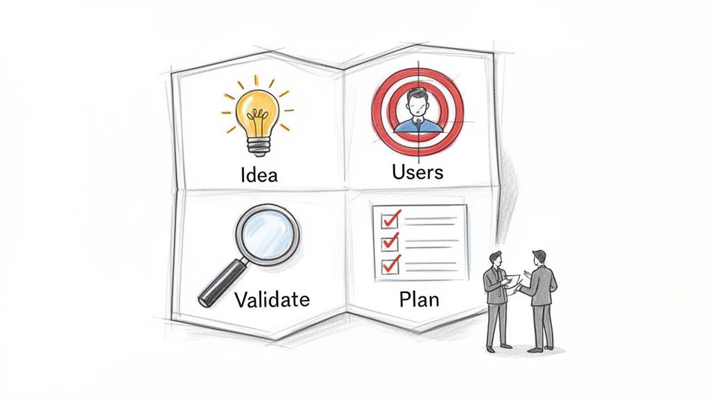 A visual process diagram showing idea, users, validate, and plan steps for app development, with two men discussing.