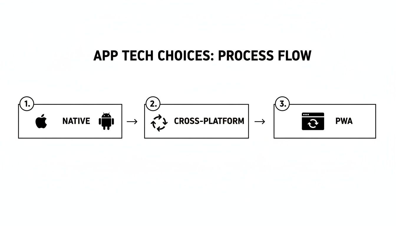 A three-step process flow illustrating app tech choices: Native, Cross-Platform, and PWA development.