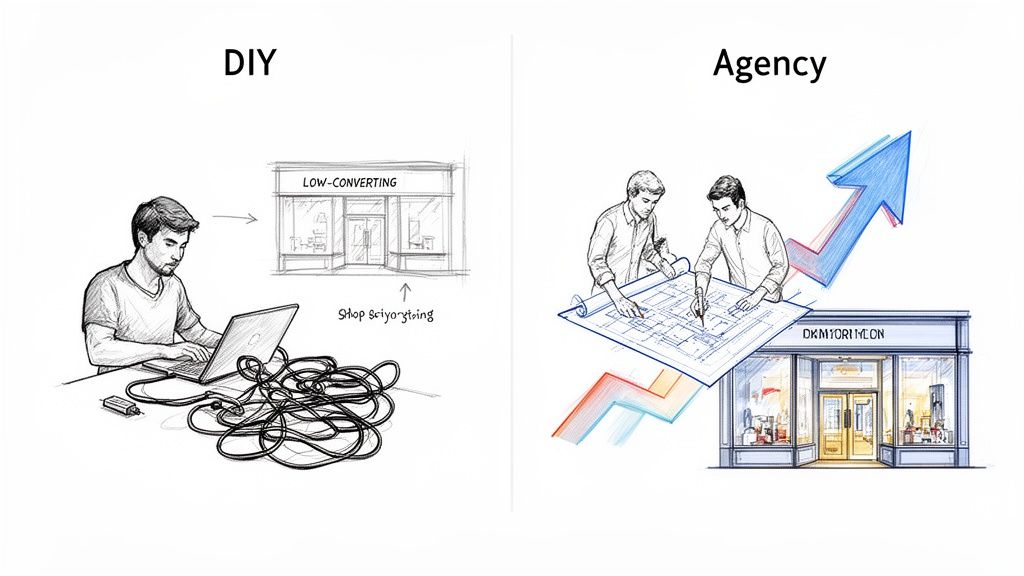 A visual comparison of a DIY approach leading to a low-converting shop versus an agency achieving business growth.