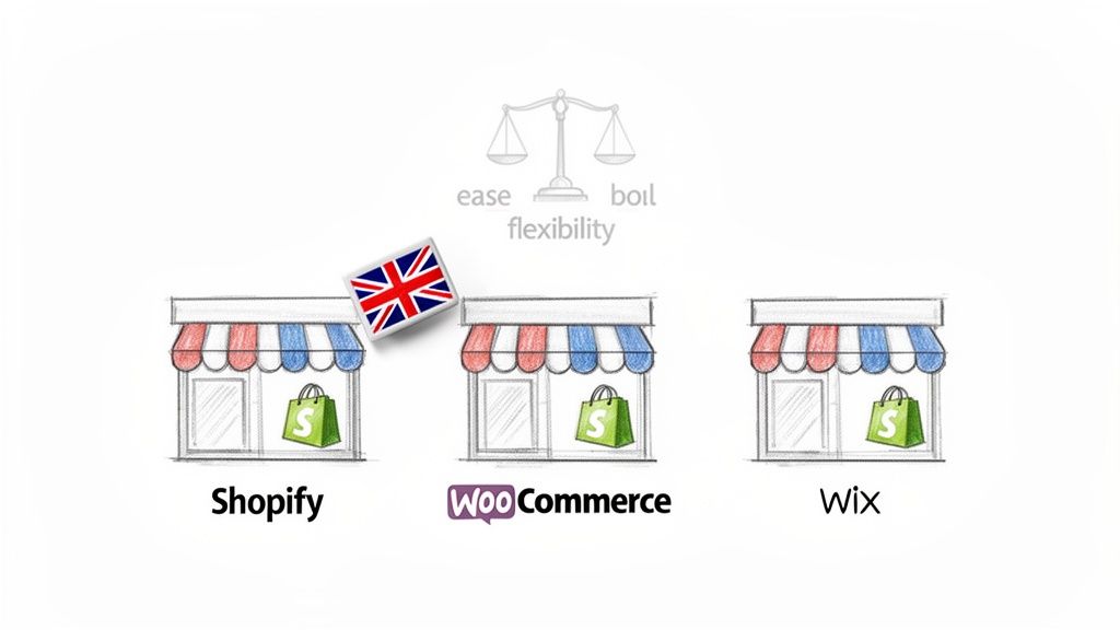 Visual comparison of Shopify, WooCommerce, and Wix for e-commerce, with a UK flag and a balance scale.
