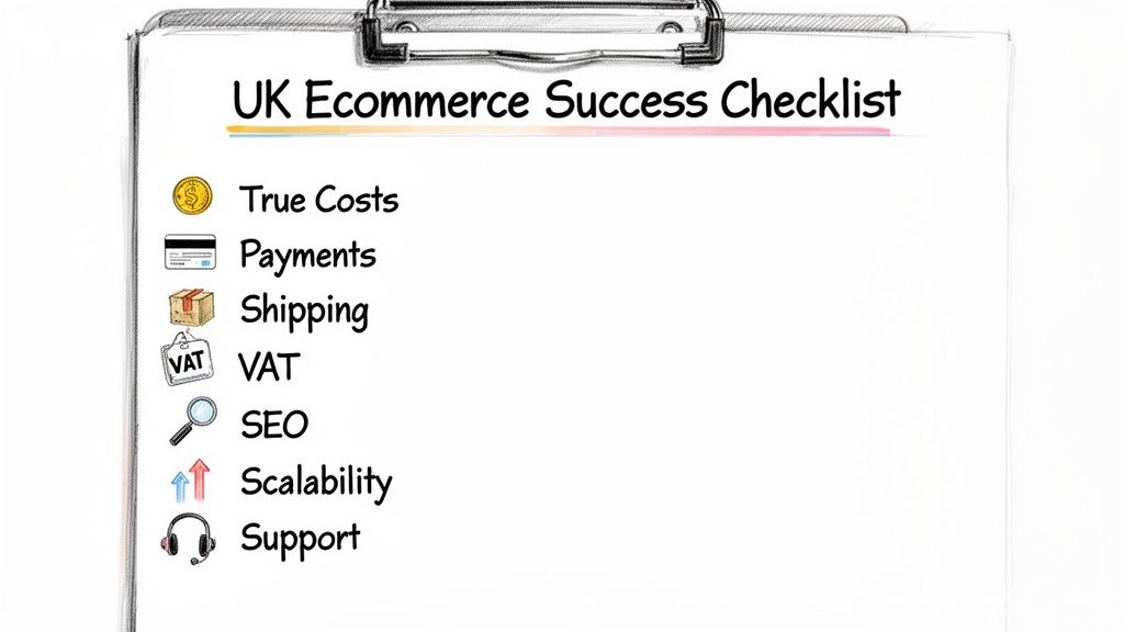 A detailed checklist on a clipboard outlining key factors for UK ecommerce success.