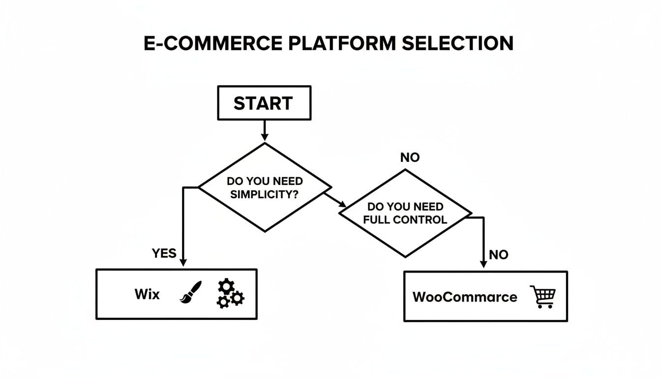 Flowchart showing e-commerce platform selection: Wix for simplicity, WooCommerce if full control isn't needed.