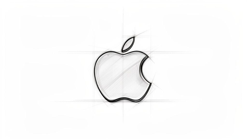 A minimalist black and white sketch of the iconic Apple logo, showcasing design construction lines.