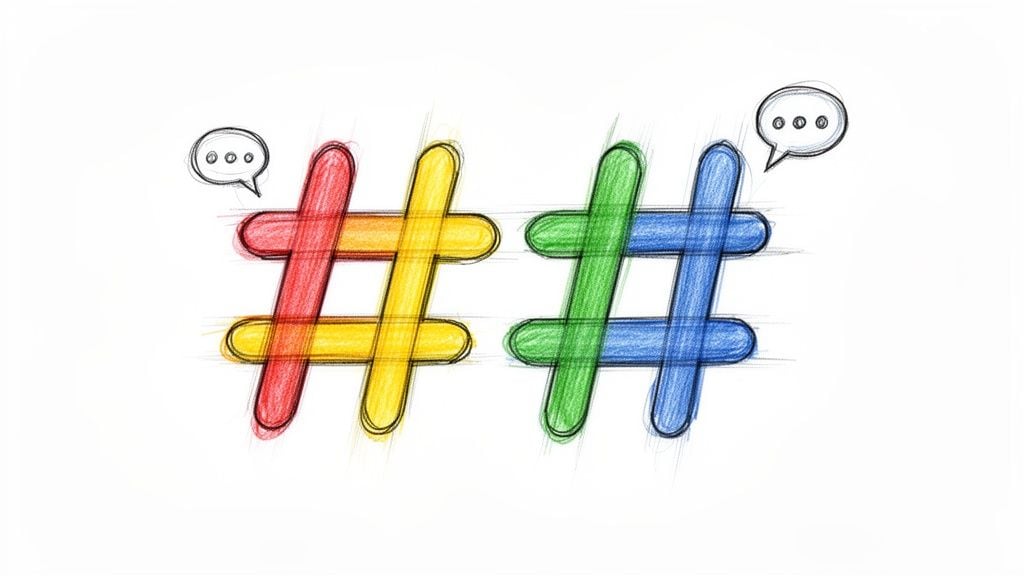 Two colorful, hand-drawn hashtag symbols with speech bubbles, representing communication and social media.