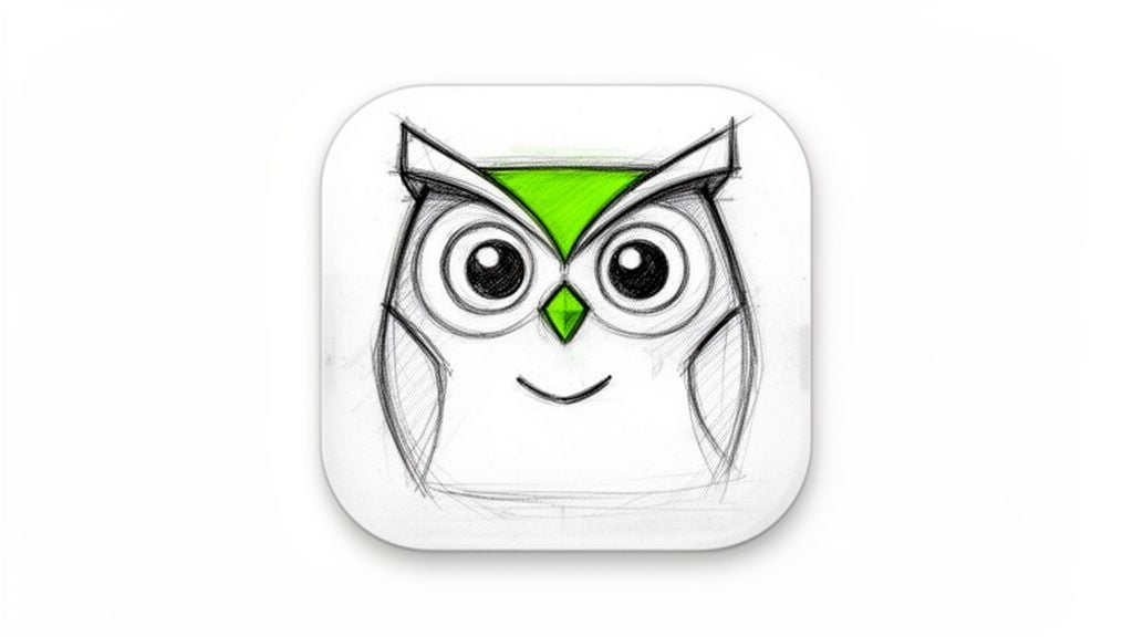 A hand-drawn sketch of a cute owl icon with bright green features on a white background.