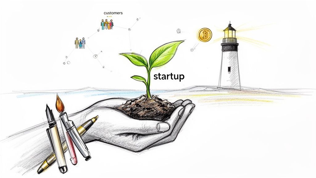 A conceptual sketch shows hands nurturing a startup plant, connected to customers, and guided by a lighthouse.
