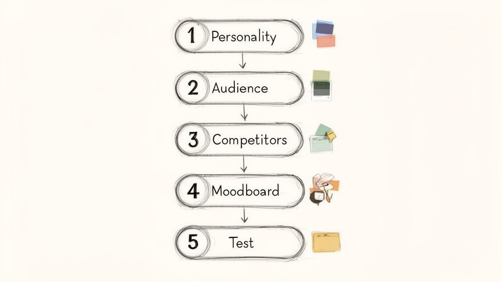 A flowchart illustrating 5 steps of the branding process: Personality, Audience, Competitors, Moodboard, and Test.