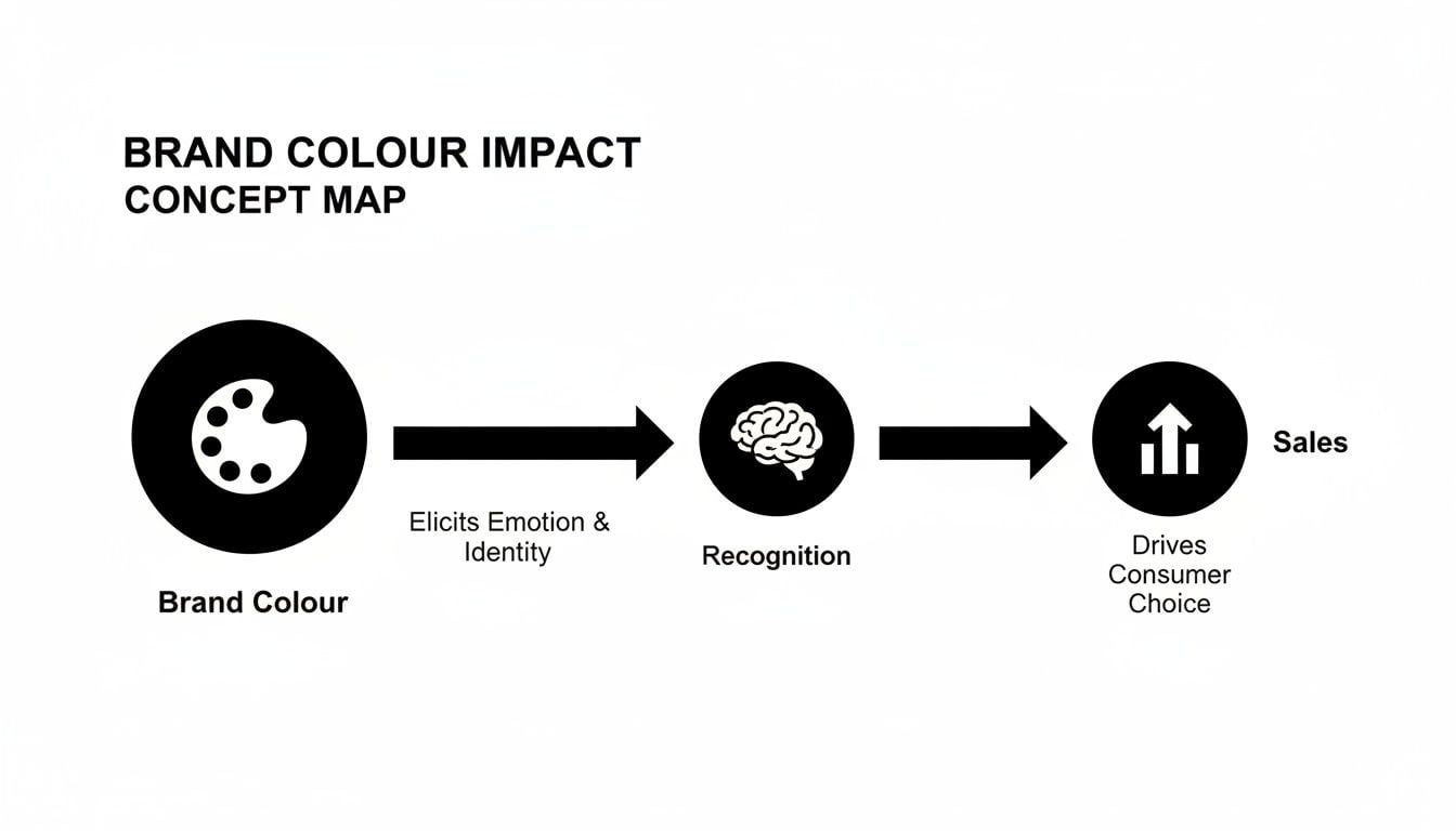 A concept map showing how brand colour elicits emotion, drives recognition, influences consumer choice, and increases sales.
