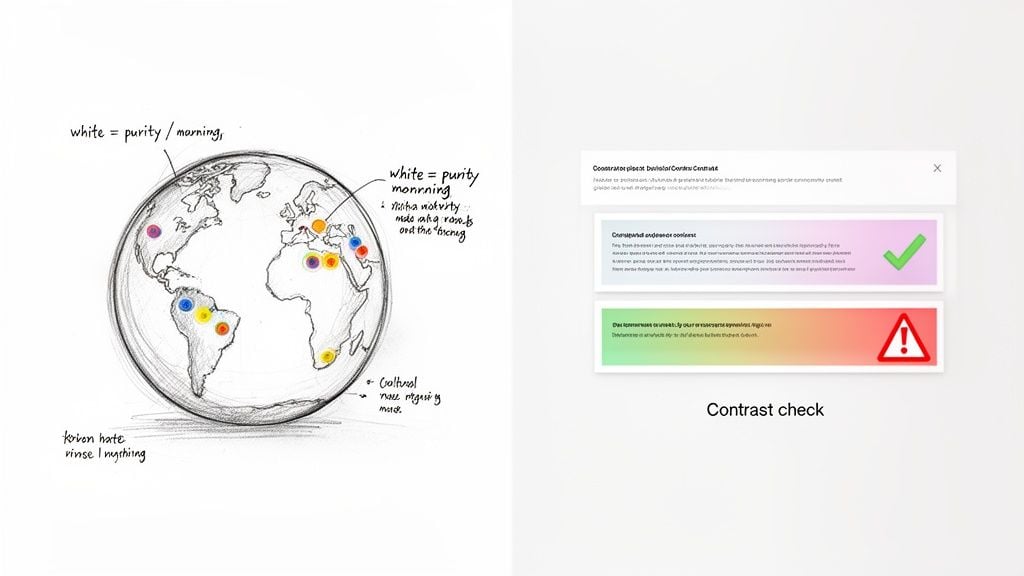 Hand-drawn globe illustrates cultural color meanings worldwide, alongside a digital contrast check for content accessibility.