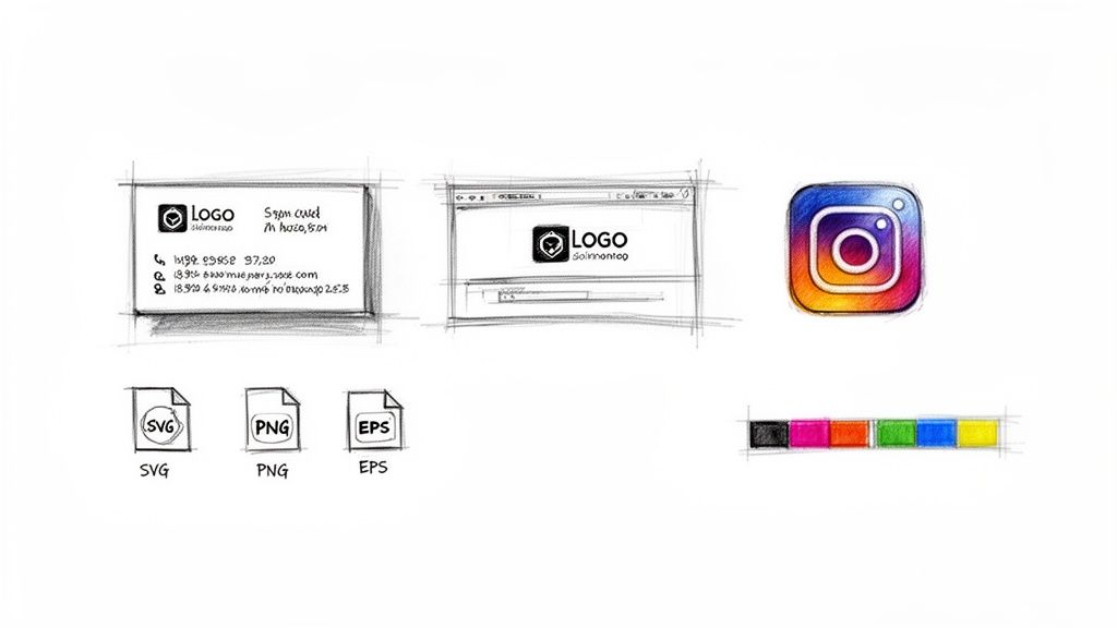 Sketches showing logo design, branding on a business card and website, file types, and a color palette.