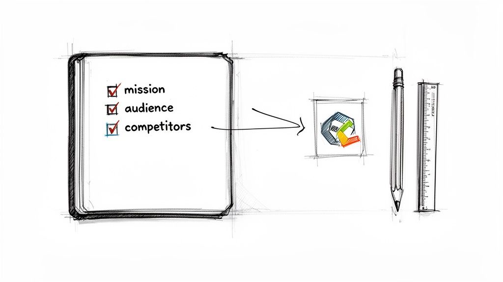 Sketch showing a notebook with business goals, an arrow pointing to a colorful logo design, a pencil, and a ruler.