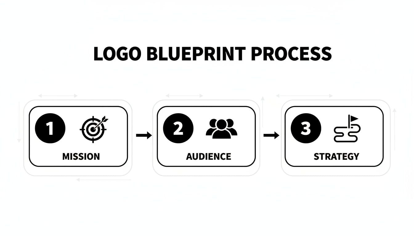 A three-step logo blueprint process showing mission, audience, and strategy with icons and numbers.