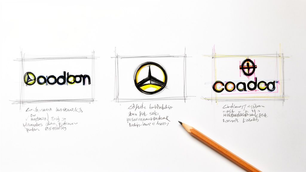 Three conceptual logo design sketches with handwritten notes and a pencil on a white surface.