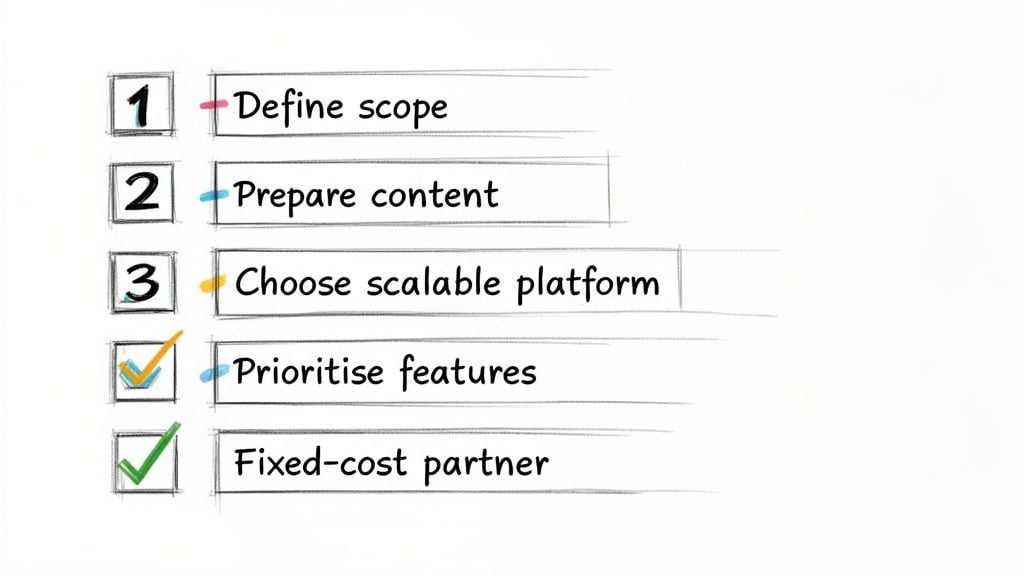 A hand-drawn checklist showing five steps for a project, with two items checked off.