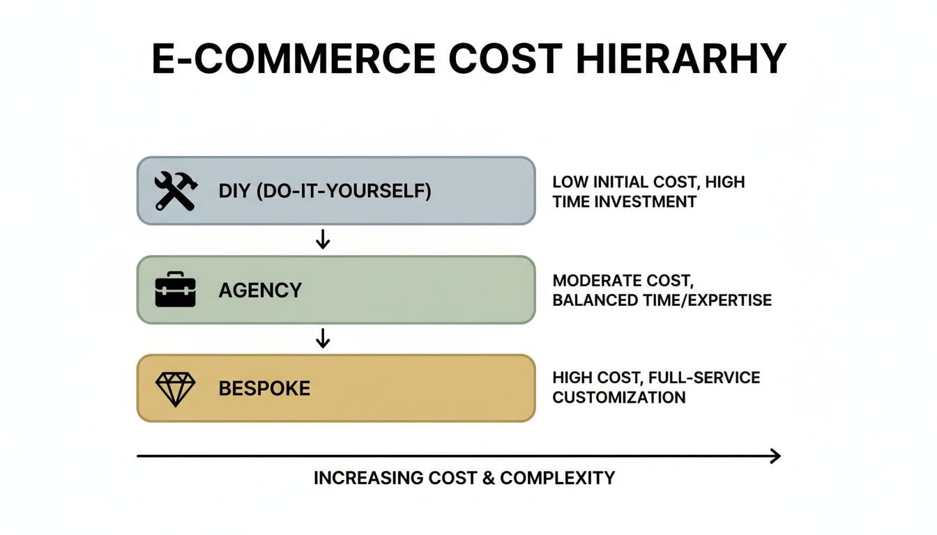 E-commerce cost hierarchy comparing DIY, agency, and bespoke solutions with increasing cost and complexity.