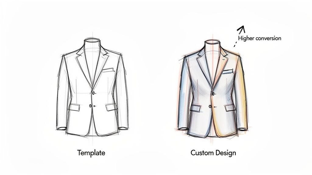 Two suit jacket sketches: a simple template versus a detailed, colored custom design showing higher conversion.
