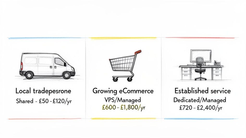 Visual guide to website hosting costs, comparing shared, VPS, and dedicated options for various businesses.