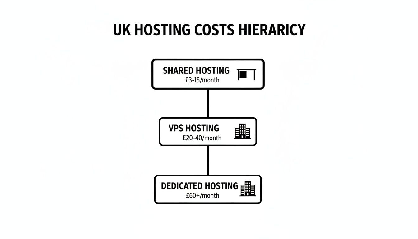 UK hosting costs hierarchy showing shared, VPS, and dedicated hosting with monthly prices.