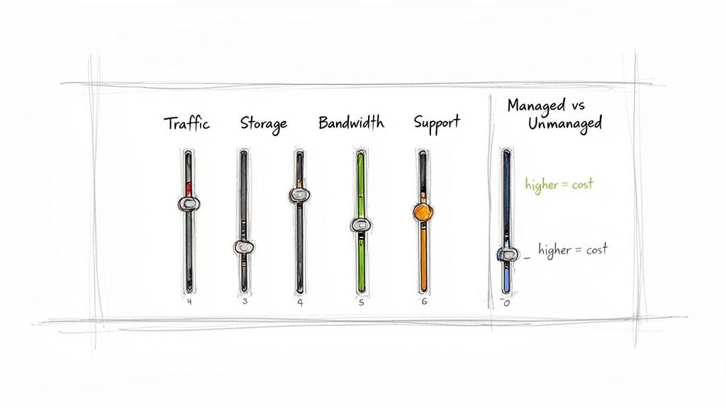 Illustration of sliders for website hosting cost factors: traffic, storage, bandwidth, support, and managed services.