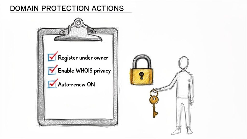 A clipboard listing domain protection actions: register, WHOIS privacy, and auto-renew, beside a padlock and key.