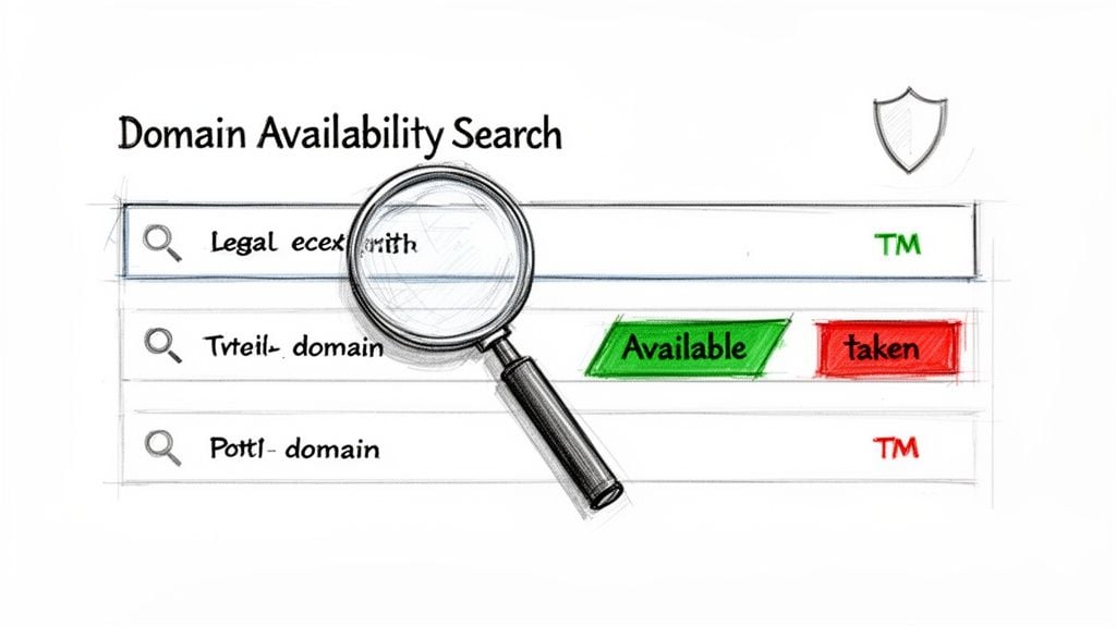 Hand-drawn sketch illustrating a domain name availability search with a magnifying glass, showing 'Available' and 'taken' results.