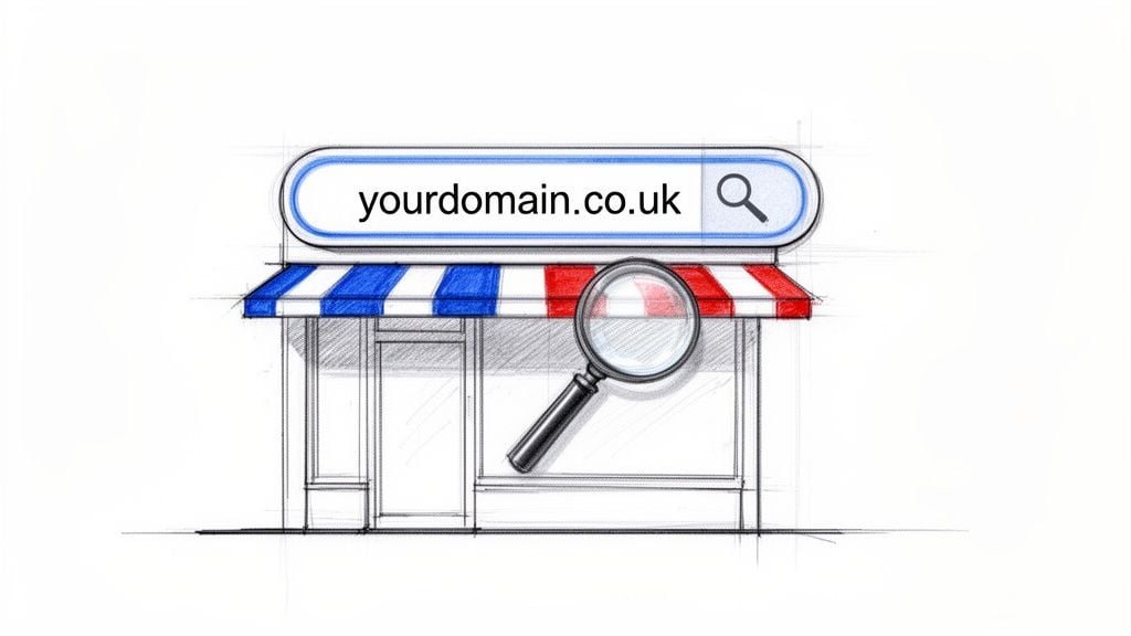 A hand-drawn sketch of a shop with a domain search bar displaying 'yourdomain.co.uk' and a magnifying glass.