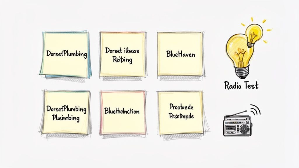 Sticky notes display various potential company name ideas and misspellings, alongside lightbulbs and a radio icon, symbolizing a test.
