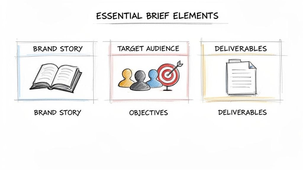 A hand-drawn diagram illustrating essential brief elements: brand story, target audience, objectives, and deliverables.