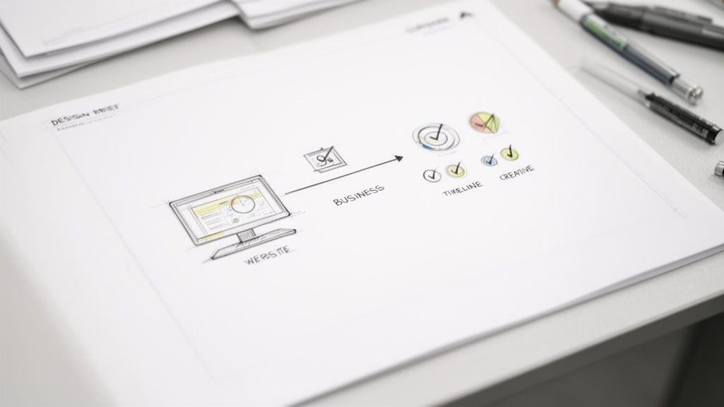 A hand-drawn diagram on a design brief document showing the website, business, timeline, and creative process.