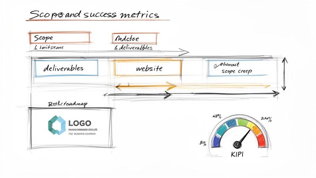 Hand-drawn diagram illustrating project scope, deliverables, roadmap, and success metrics with a KPI gauge.