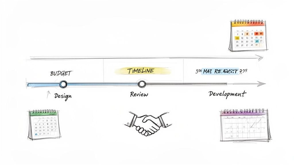 Hand-drawn project timeline with stages like Budget, Design, Review, and Development, including calendars.