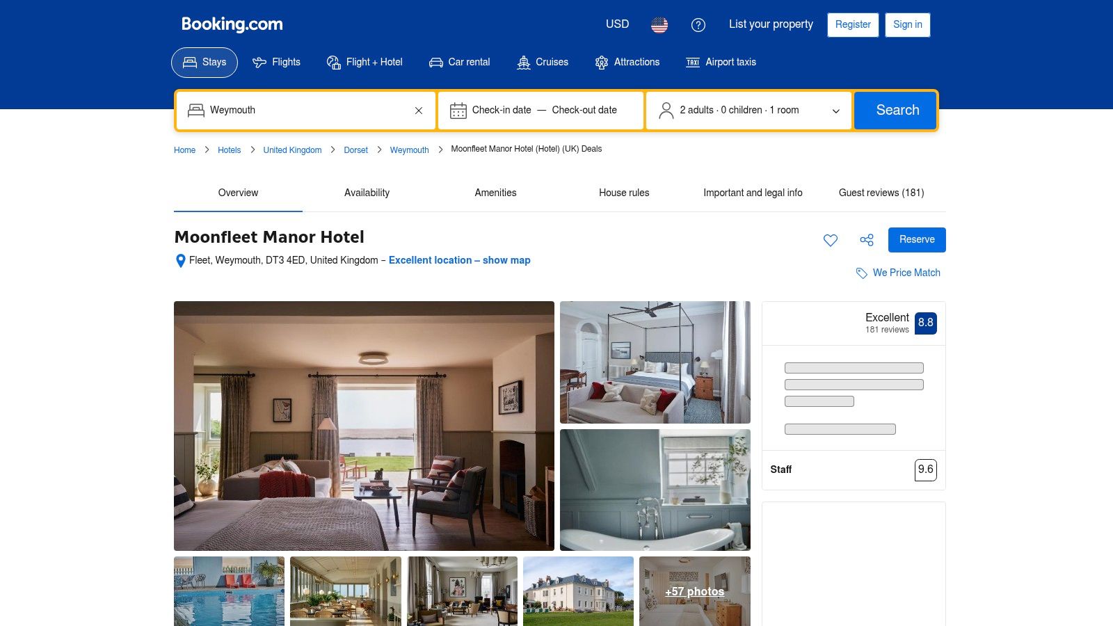 Booking.com — Moonfleet Manor listing