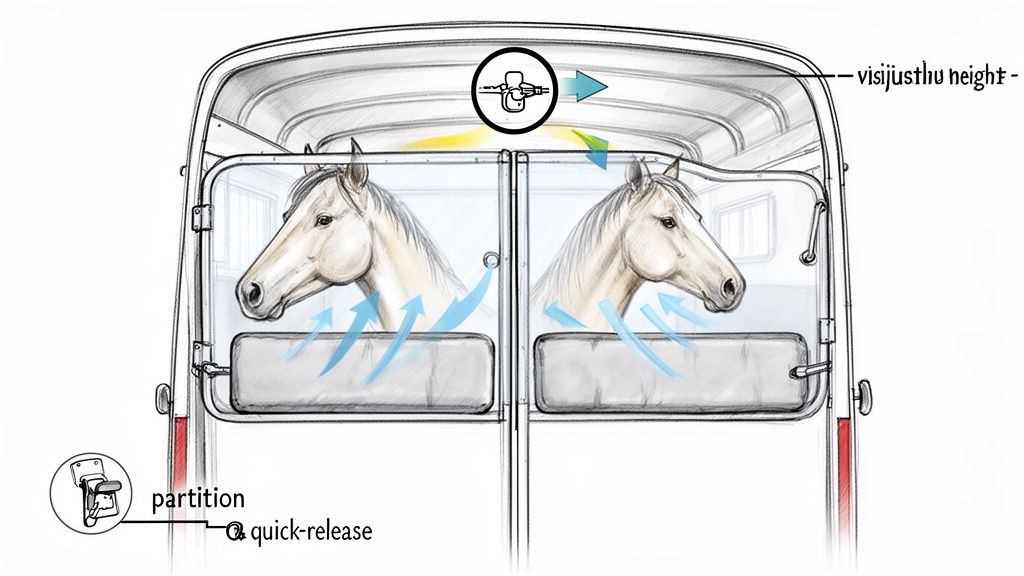 Detailed diagram of a horse trailer interior showing two horses, ventilation, and quick-release partitions.