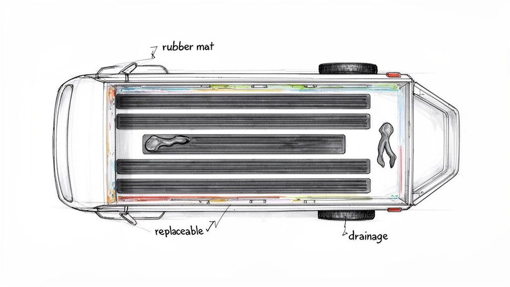 Detailed overhead sketch of a horse trailer interior showing rubber mat, drainage, and replaceable sections.