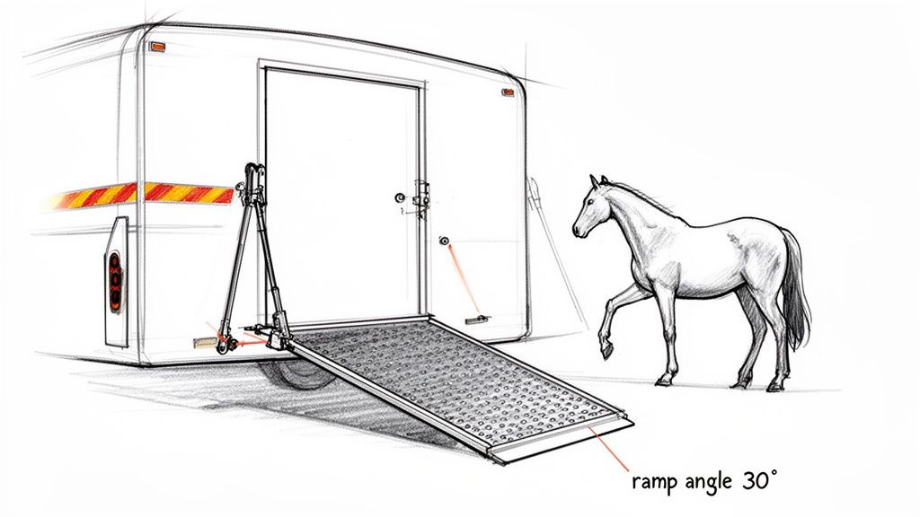 A detailed sketch shows a horse trailer's open ramp at a 30-degree angle, with a horse standing nearby.