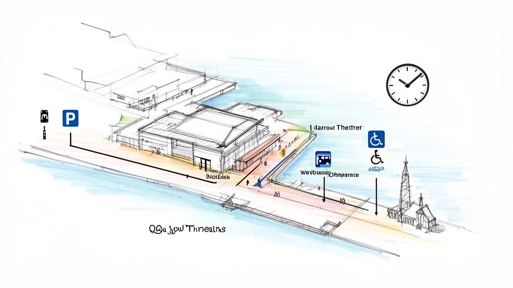 A hand-drawn architectural sketch illustrating a waterfront theatre complex with parking, bus stop, and accessibility information.