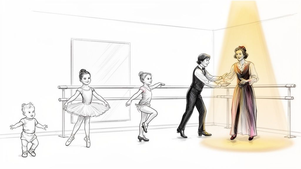 A sequential illustration of a dancer's life journey, from baby steps to professional performance.