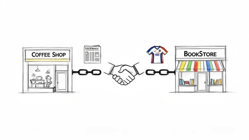 Illustration of a coffee shop and a bookstore linked by a handshake and chains, symbolizing local business partnerships.