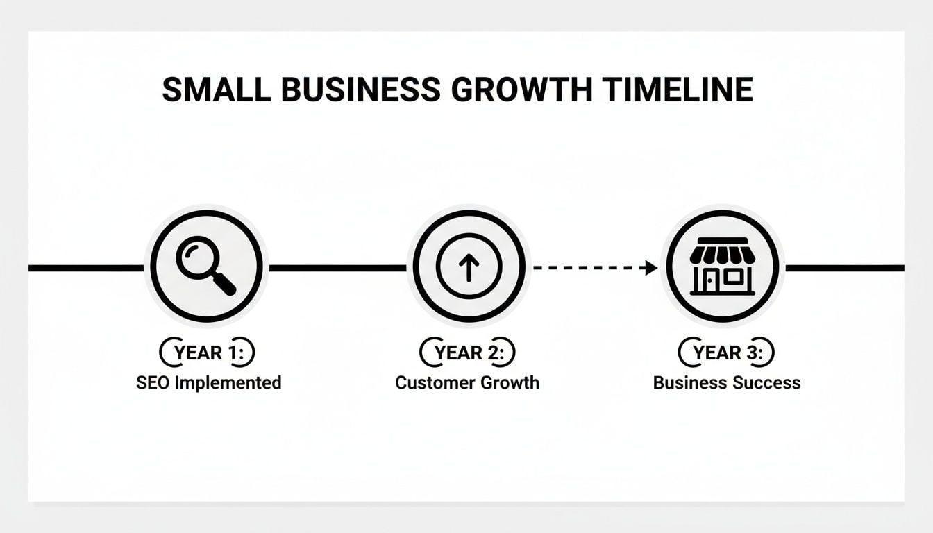 Timeline showing small business growth over three years: SEO implementation, customer growth, and business success.