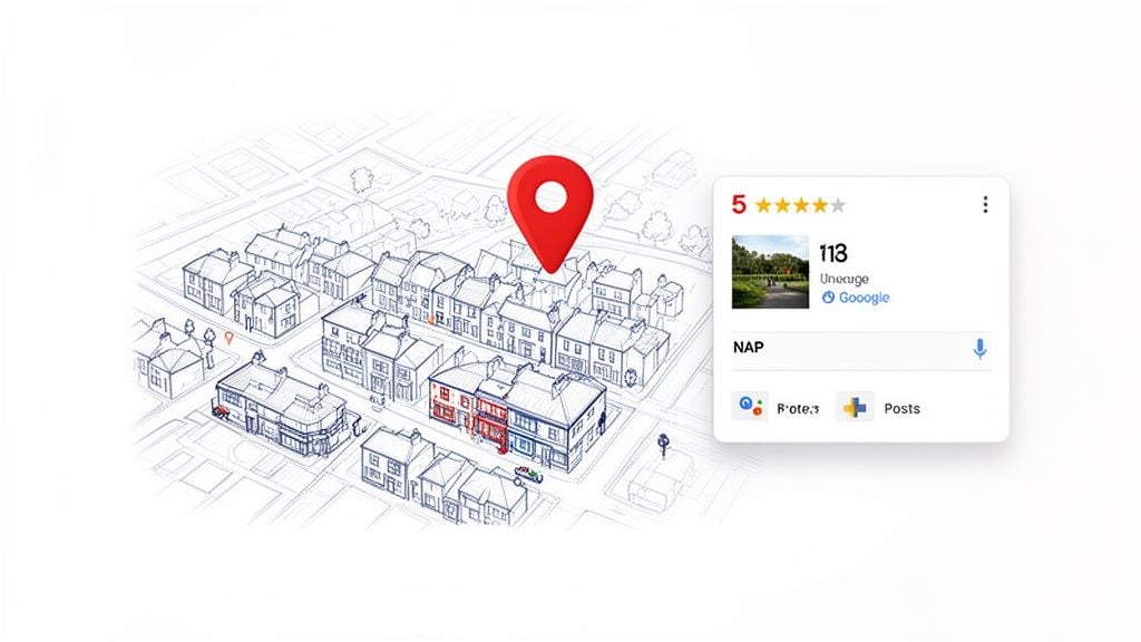 Map illustration with a red pin highlighting a building, next to a Google business profile card.