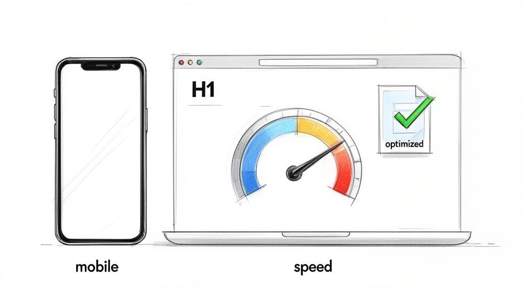 Mobile phone and laptop showing an optimized website with a fast speed score.