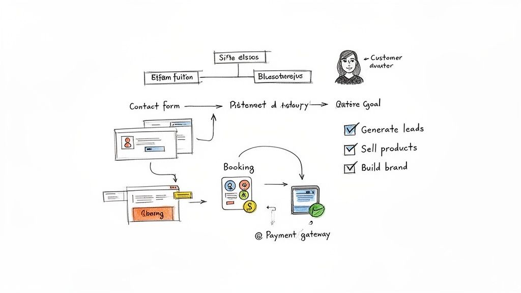 A hand-drawn business process flow chart shows lead generation, product sales, and branding goals.
