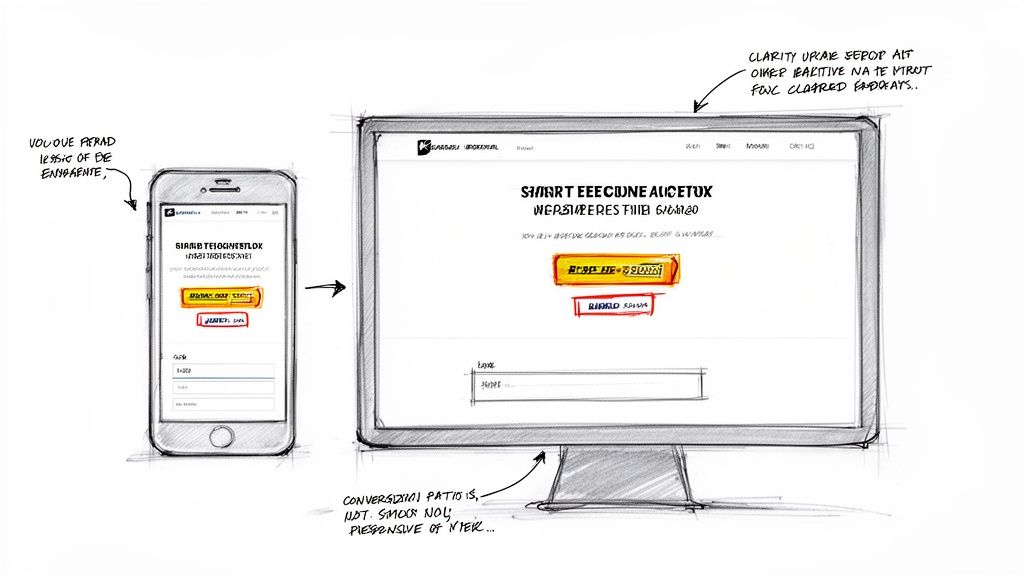 Hand-drawn sketch showing a responsive website design on both a mobile phone and a desktop monitor.